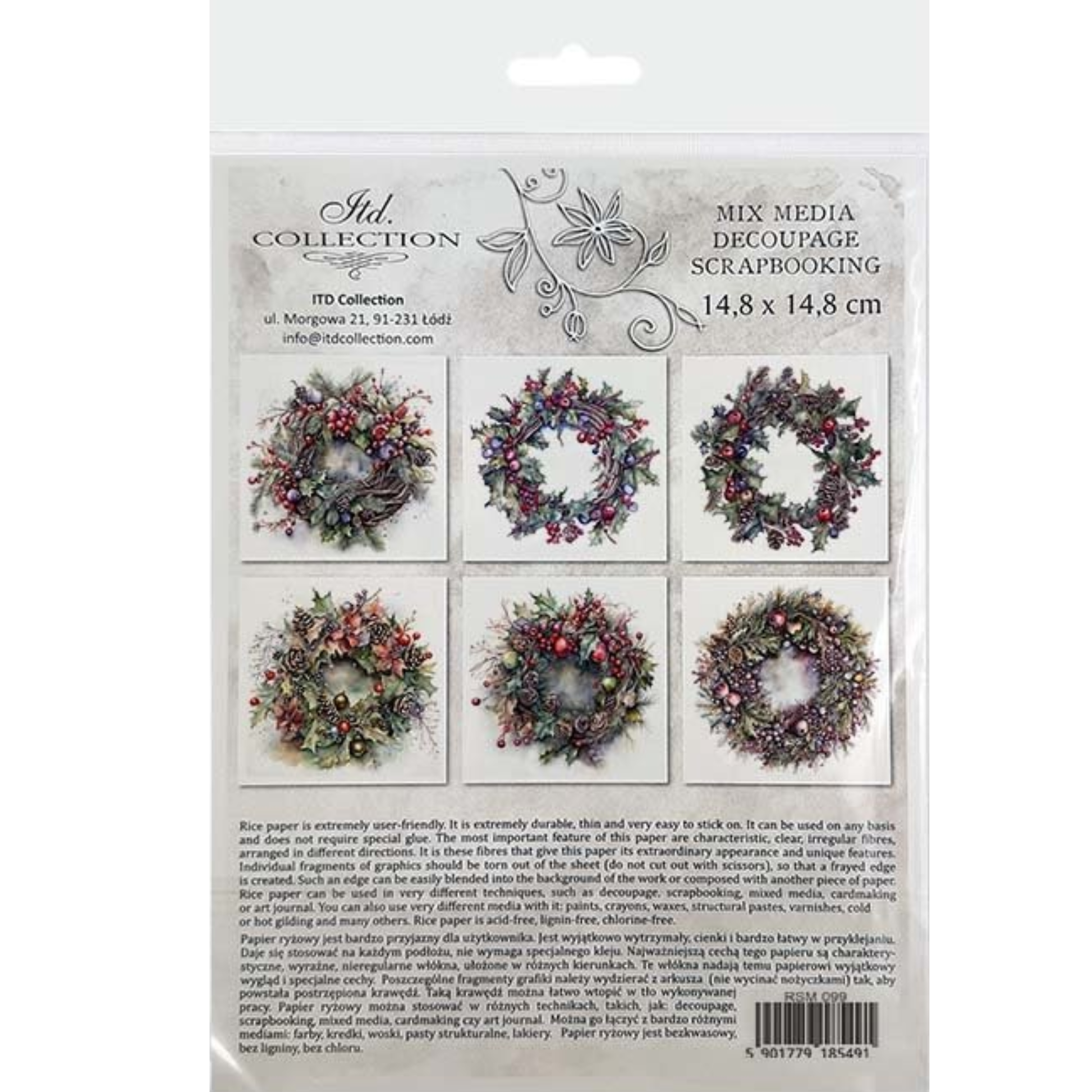 Back cover of ITD Collection Mini Rice Paper Set with holiday wreath designs.