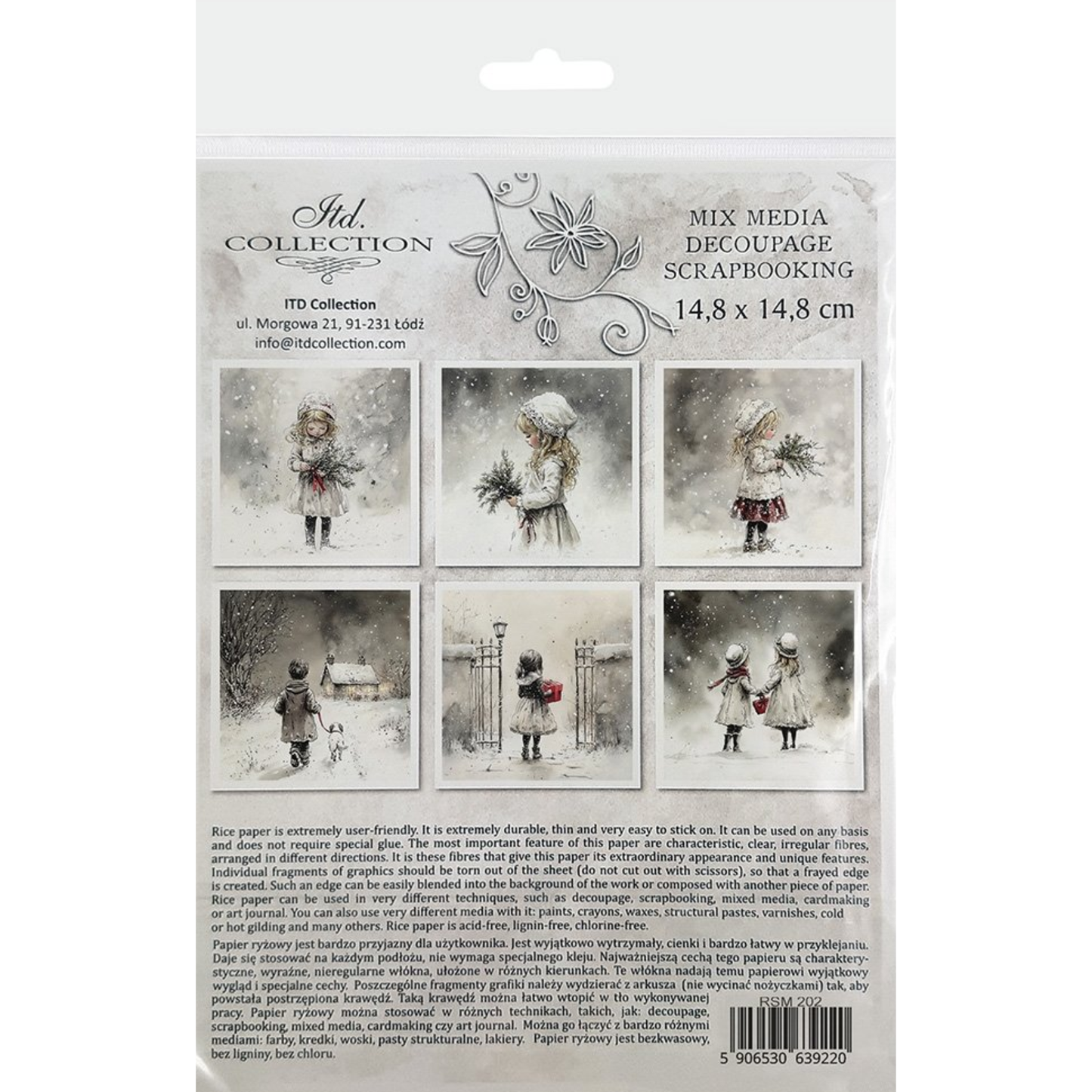 ITD Collection decoupage mini rice paper set with illustrations of children in a snowy setting.
