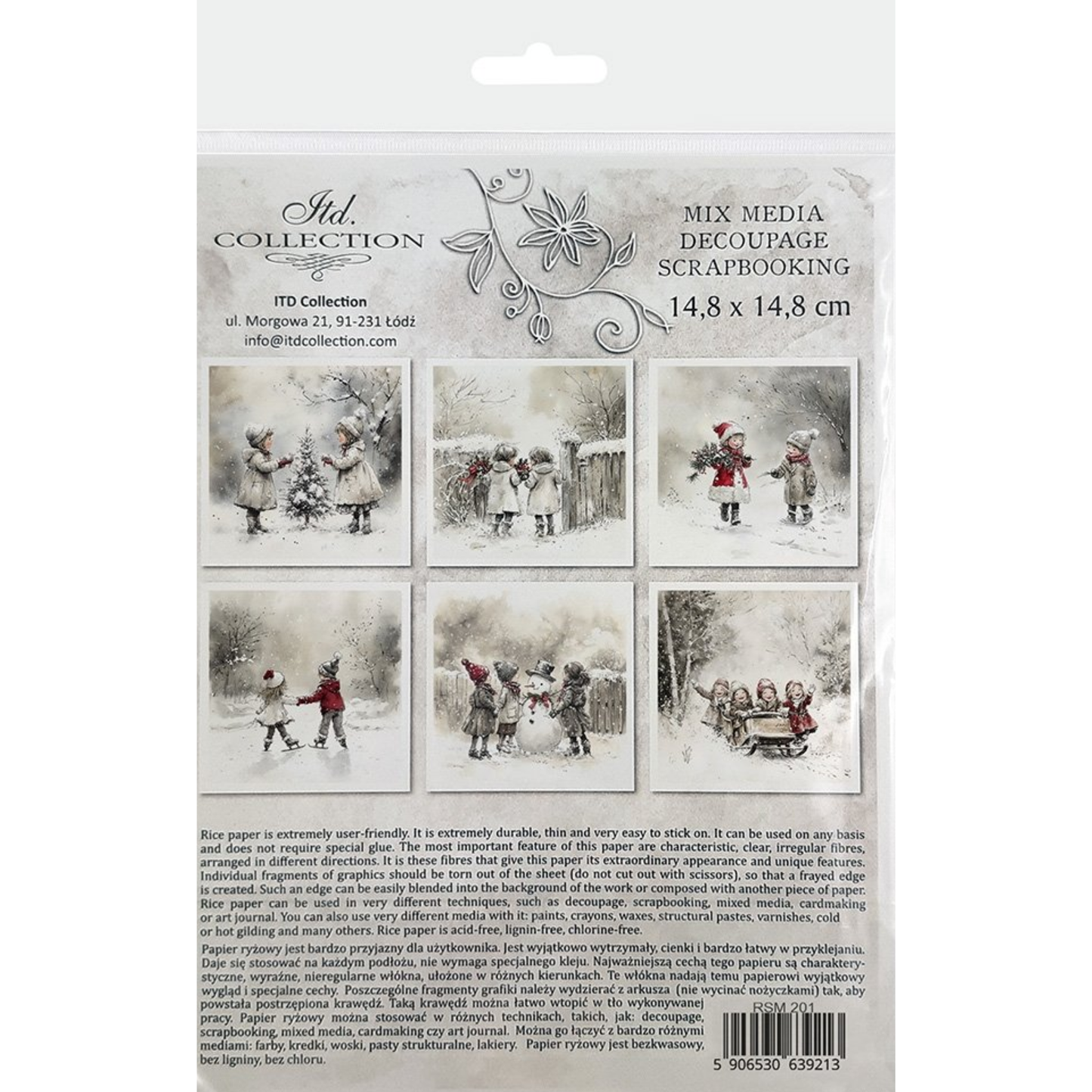 Back packaging of mini rice paper set with children's winter scene images.
