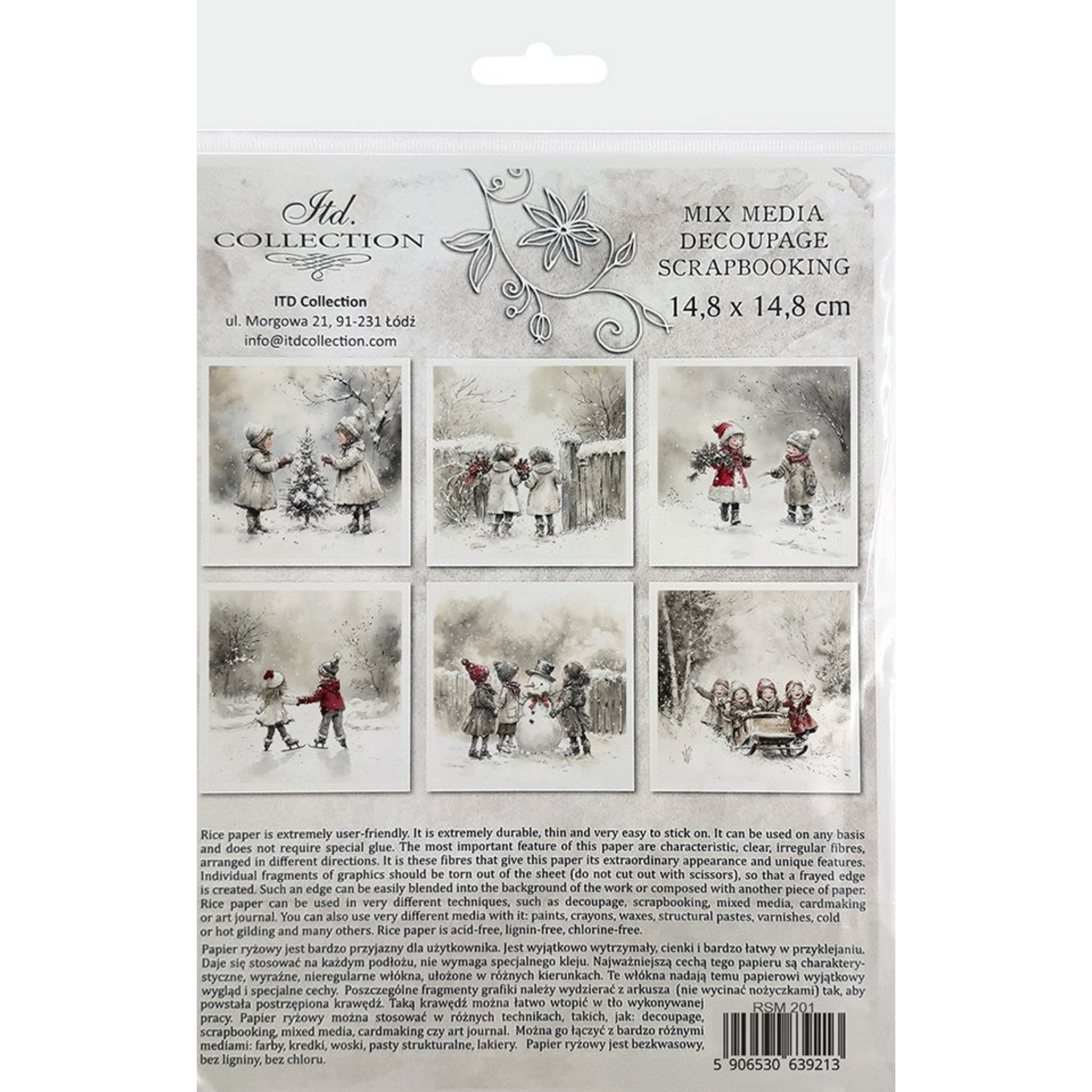 Back packaging of mini rice paper set with children's winter scene images.