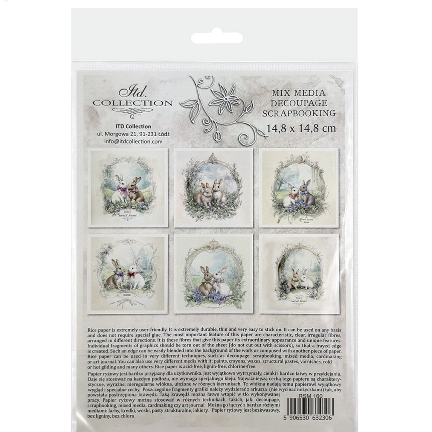 Back cover packaging of decoupage scrapbooking paper with rabbit designs on a white background