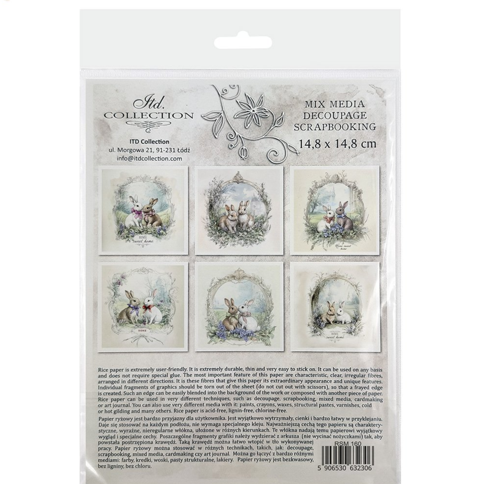 Back cover packaging of decoupage scrapbooking paper with rabbit designs on a white background