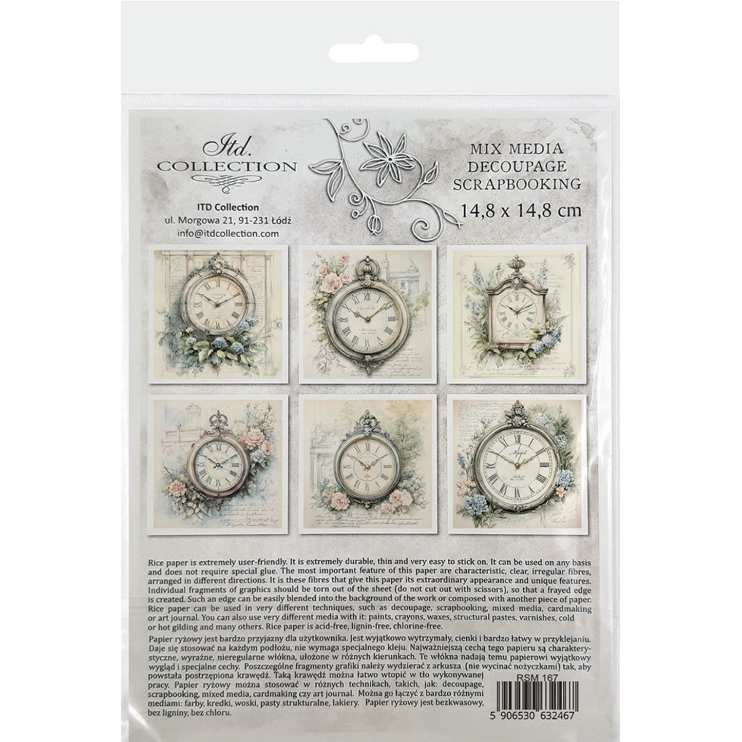 Packaging of decoupage paper with clock designs and text on a white background