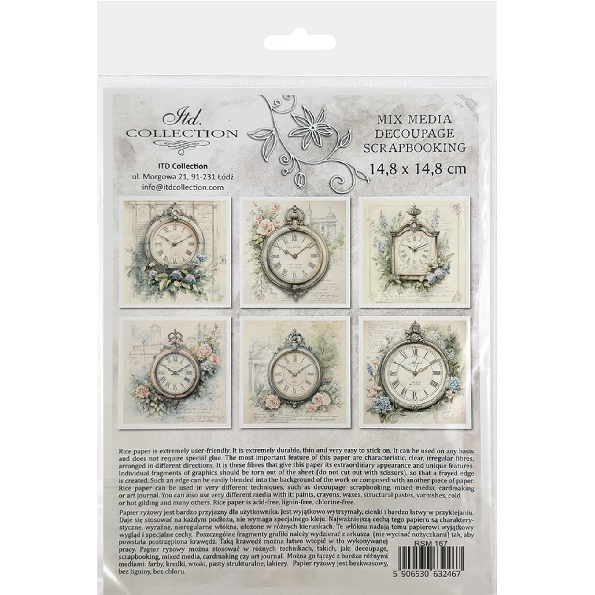 Packaging of decoupage paper with clock designs and text on a white background
