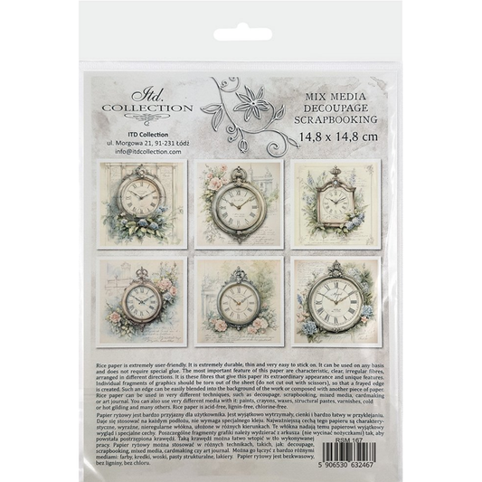 Packaging of decoupage paper with clock designs and text on a white background