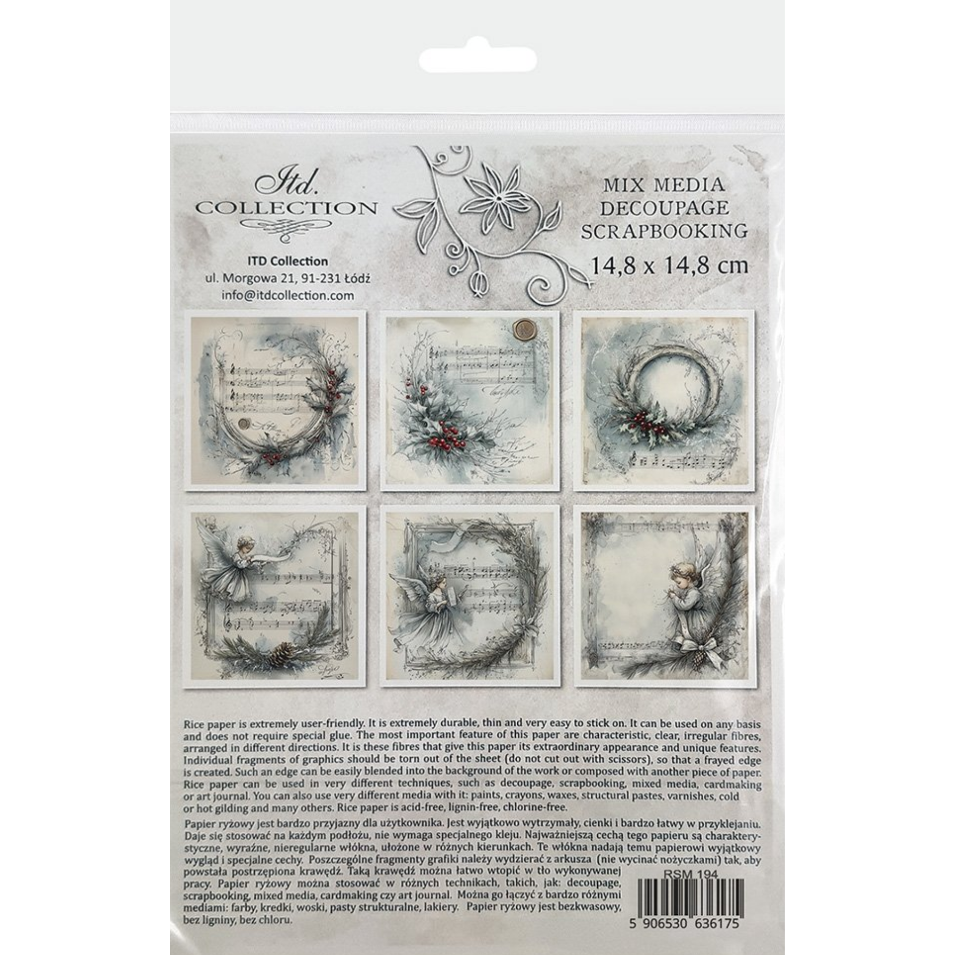 Packaging of ITD Collection decoupage scrapbooking paper with decorative wreath and musical text designs on a white background.