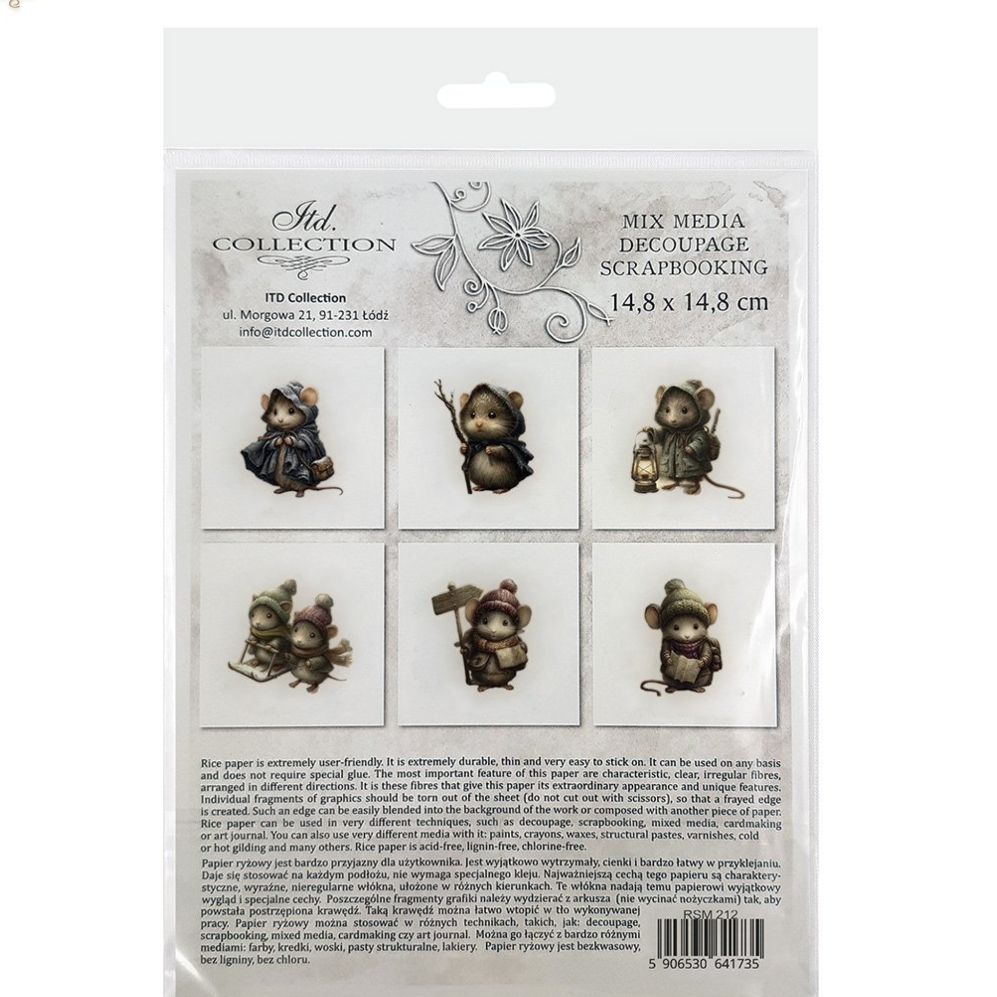 Back cover with six images of winter-themed mouse illustrations  and printed text.