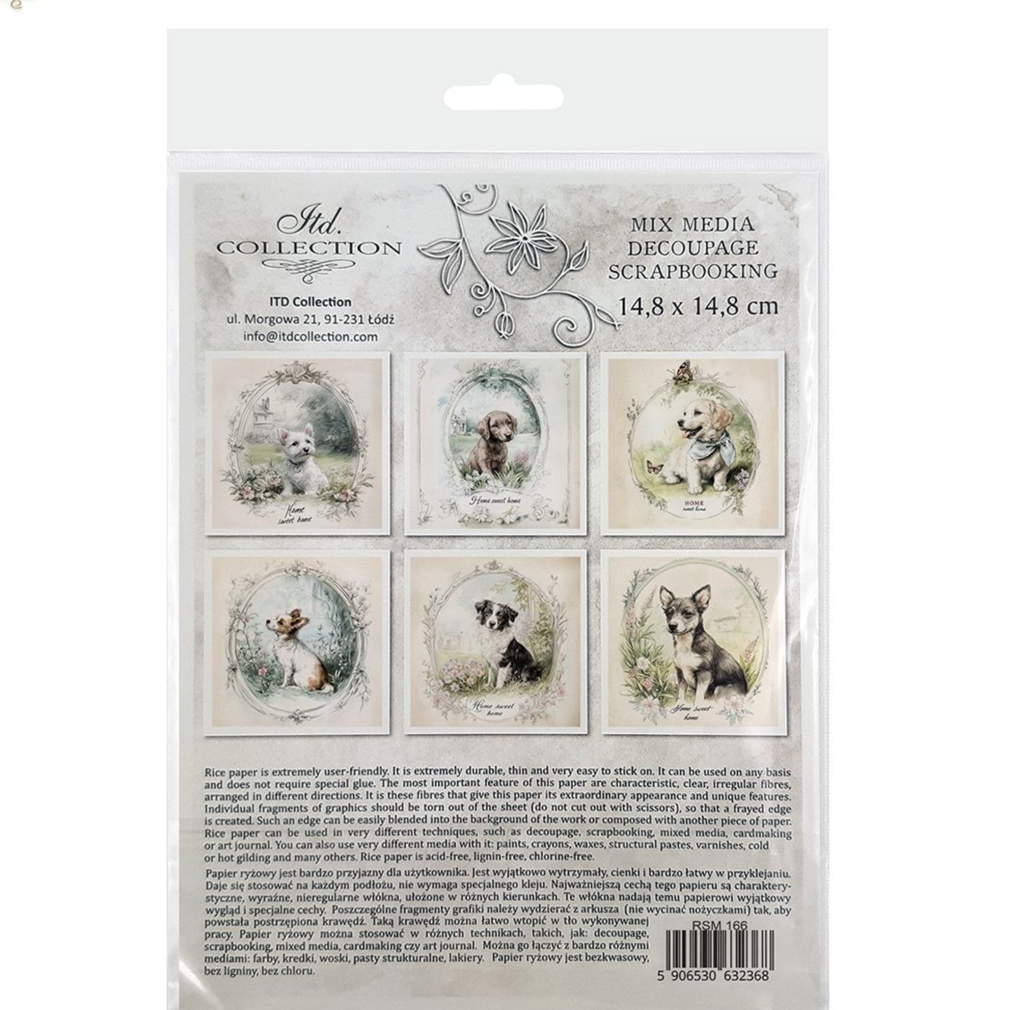 Packaging of ITD Collection decoupage rice paper set with dog illustrations on a white background.