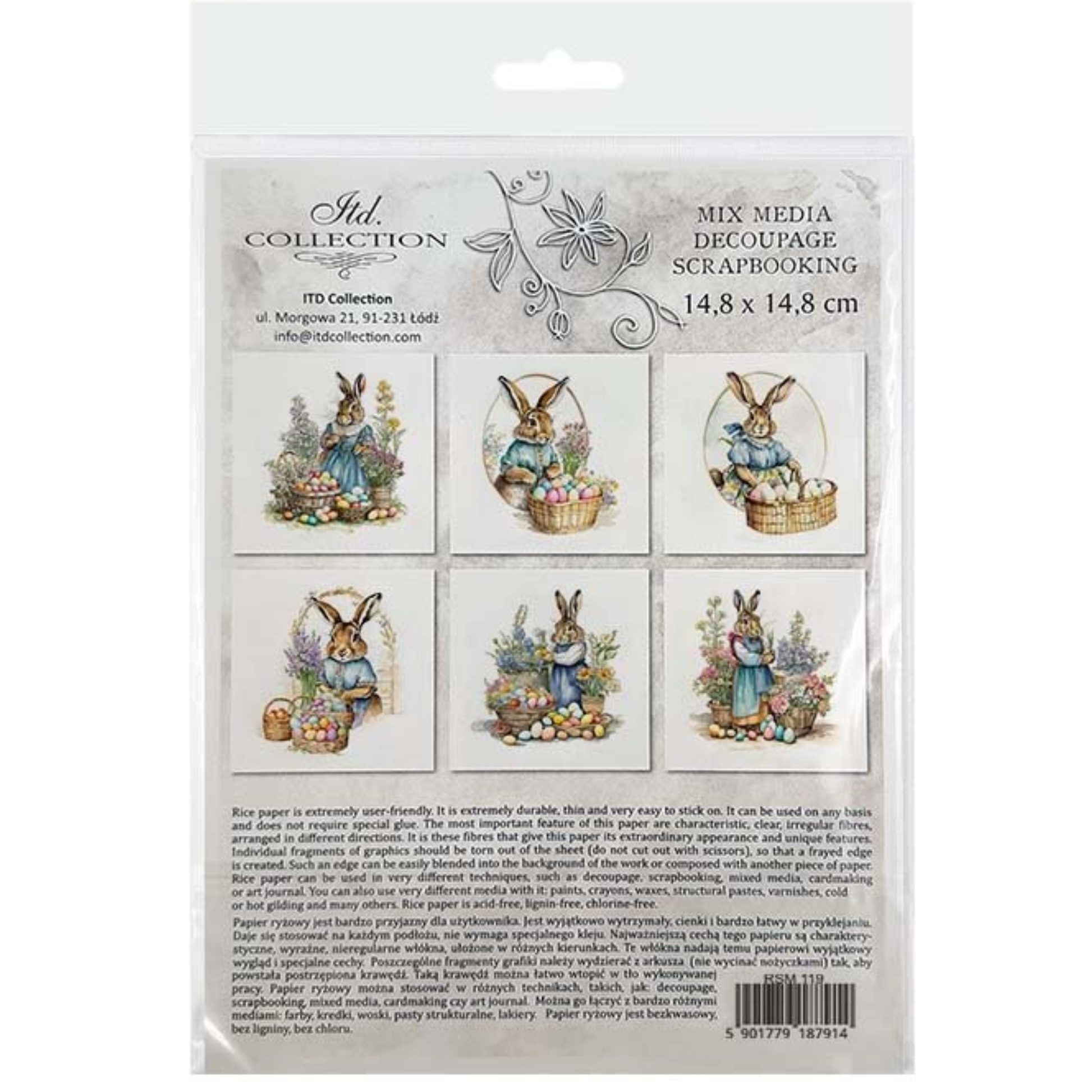 Back cover packaging of ITD Collection mix media decoupage scrapbooking paper with rabbit designs.