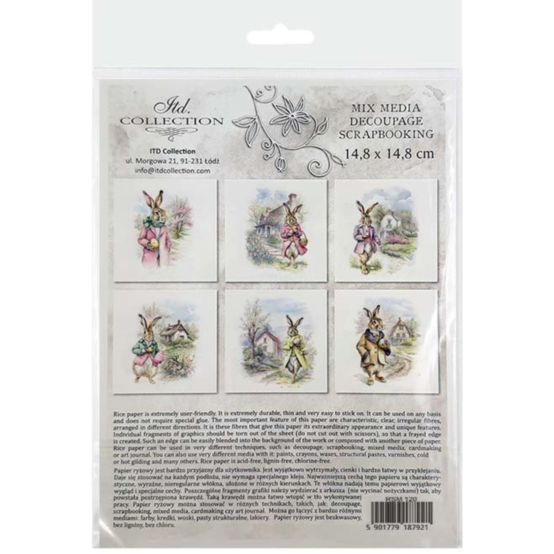 Back cover packaging of decoupage scrapbooking paper with rabbit illustrations on a white background