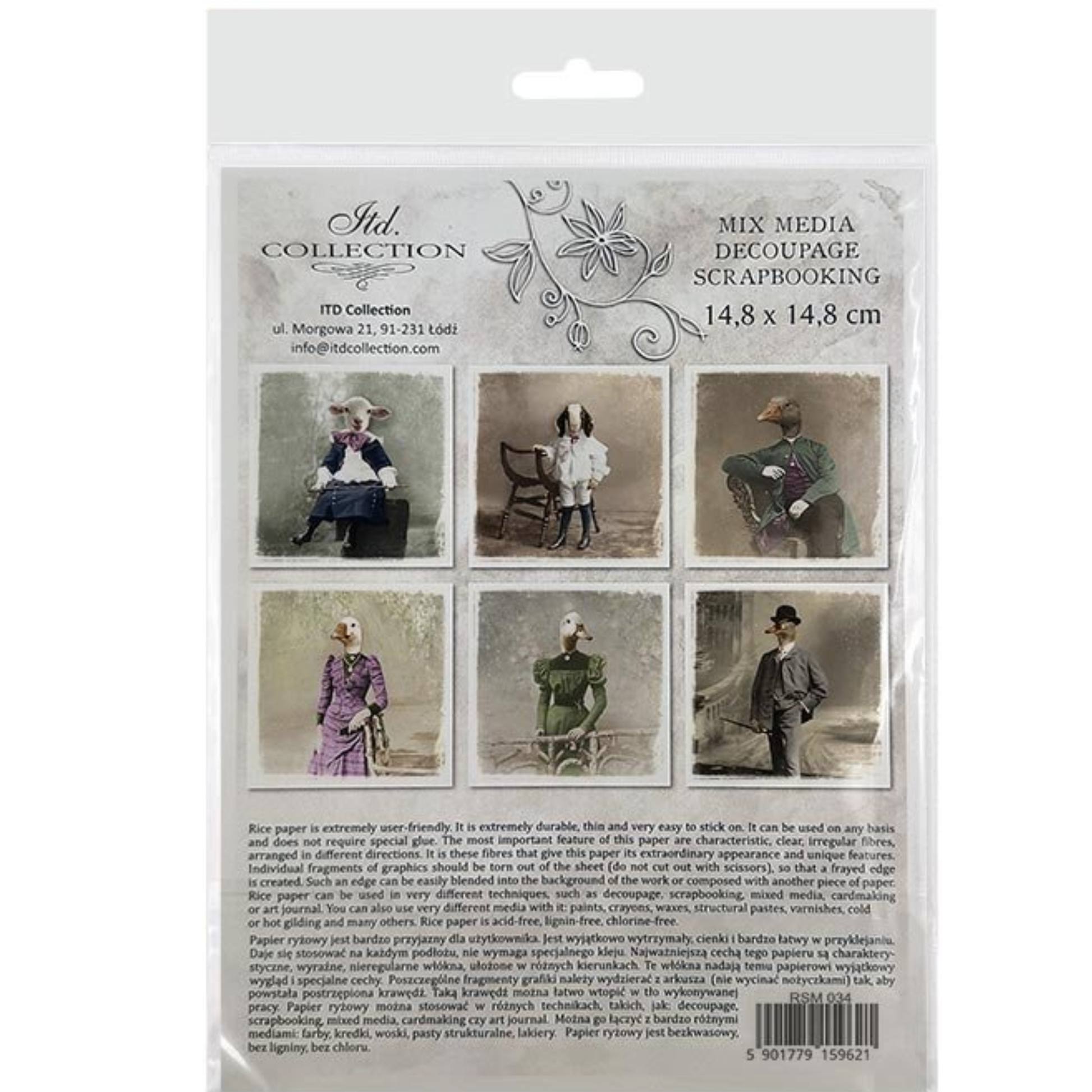 Packaging of rice paper with images of animals in human vintage attire on a white background