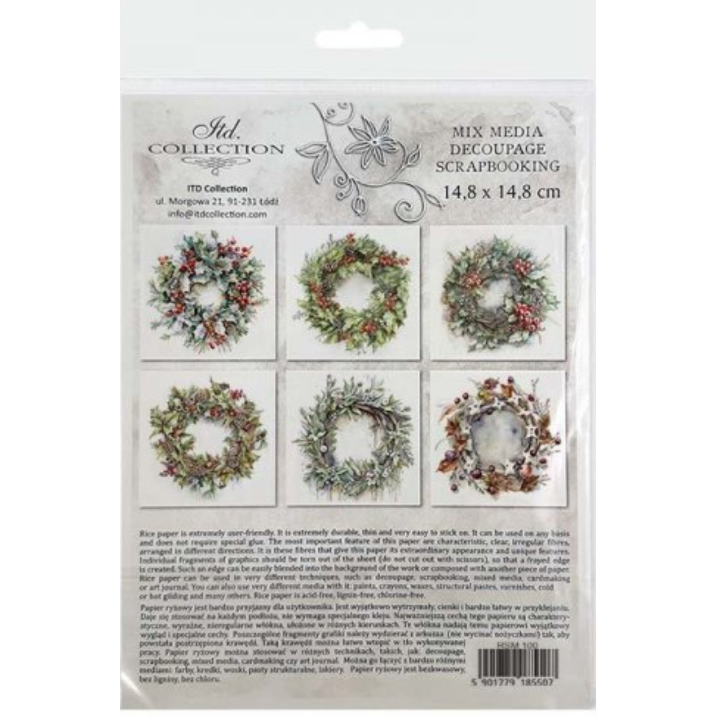 Back cover of mini rice paper set with wreath designs on a white background