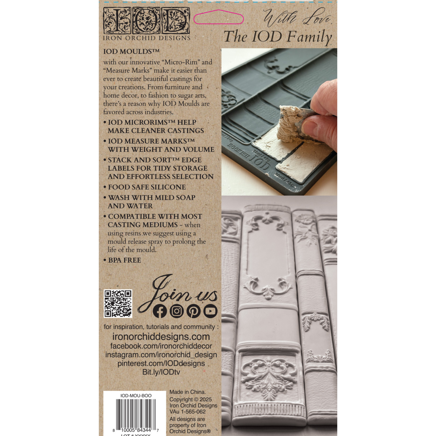 Iron Orchid Designs mold packaging  of Bookish Mold with text and product images on a white background