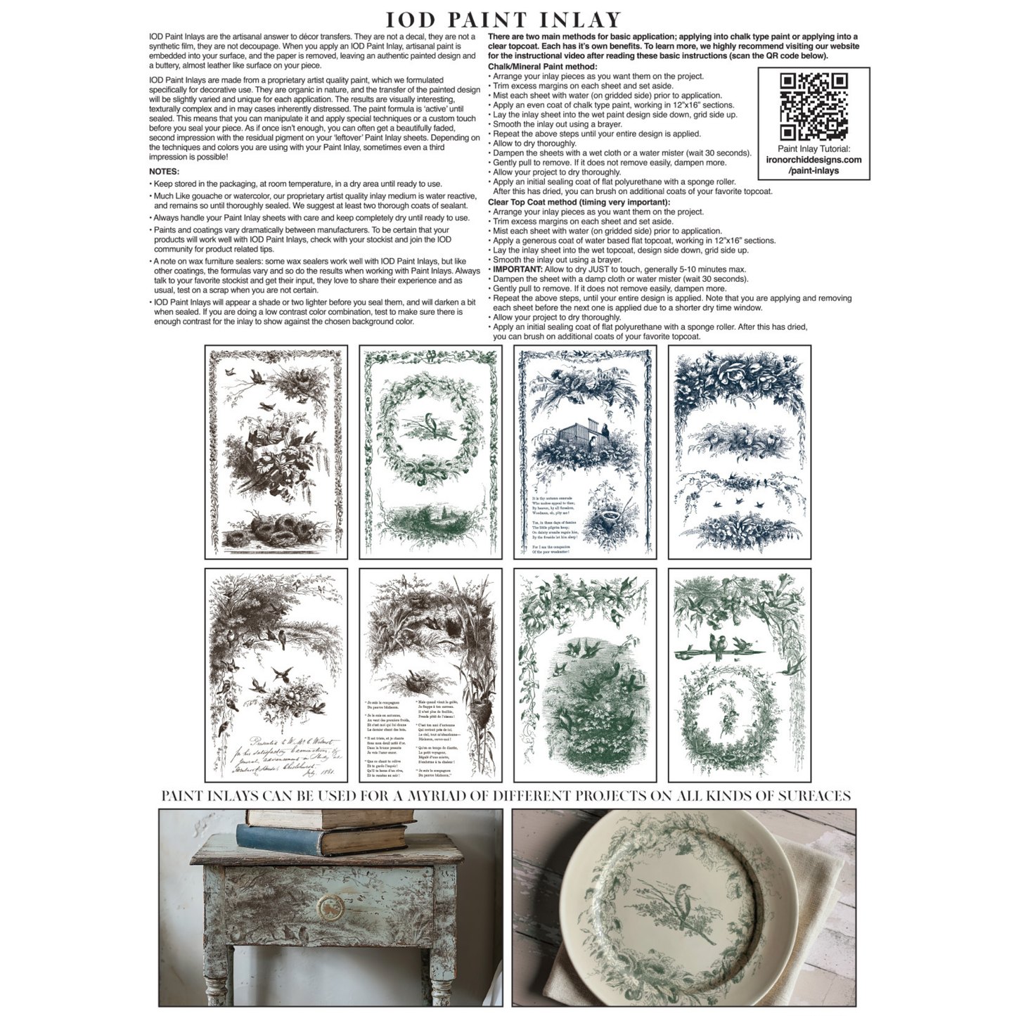 Little Lark IOD Paint Inlay by Iron Orchid Designs. Back cover with illsutrations and instructions.