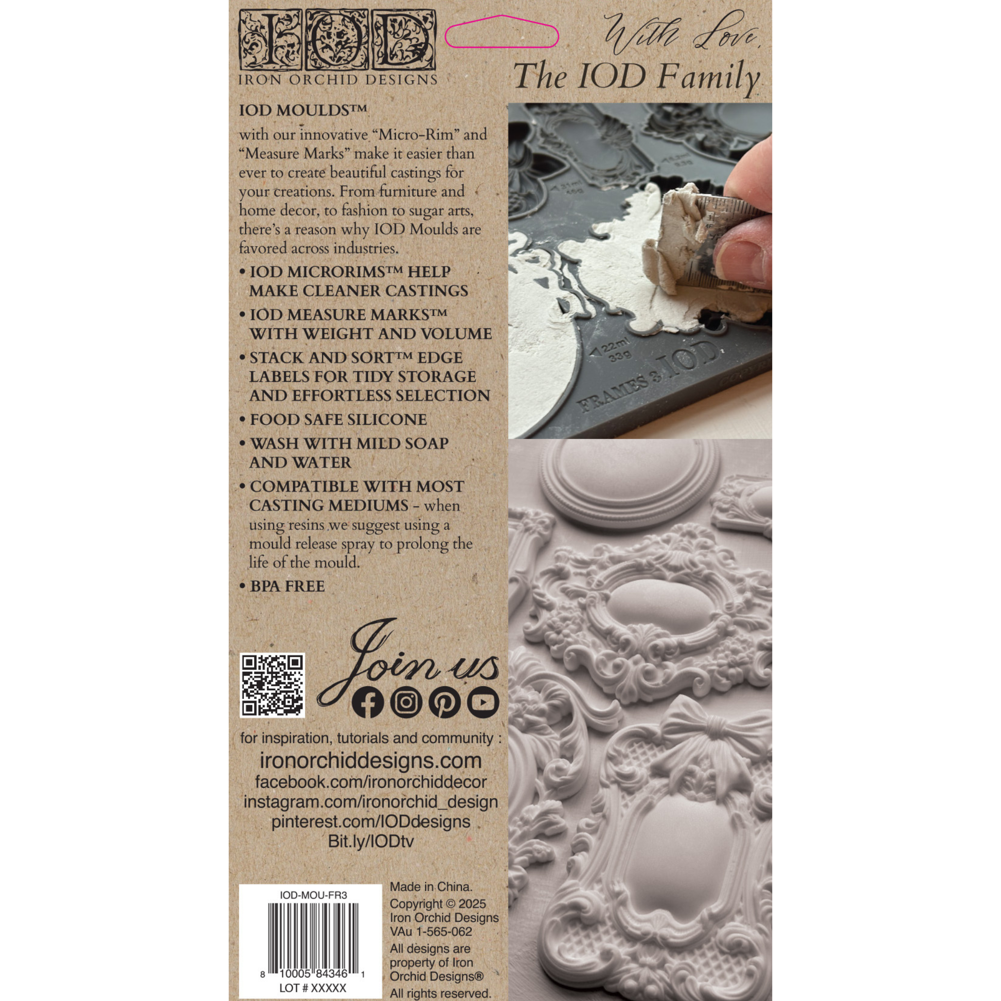 Product packaging with text and images of decorative mold and tools on a beige background
