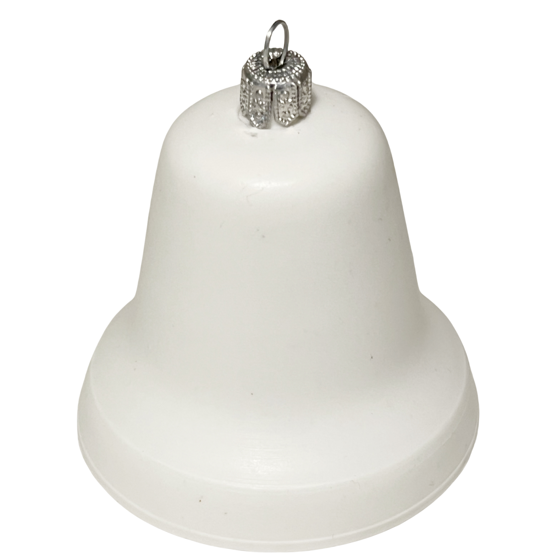 White bell-shaped Christmas ornament with a silver top on a white background