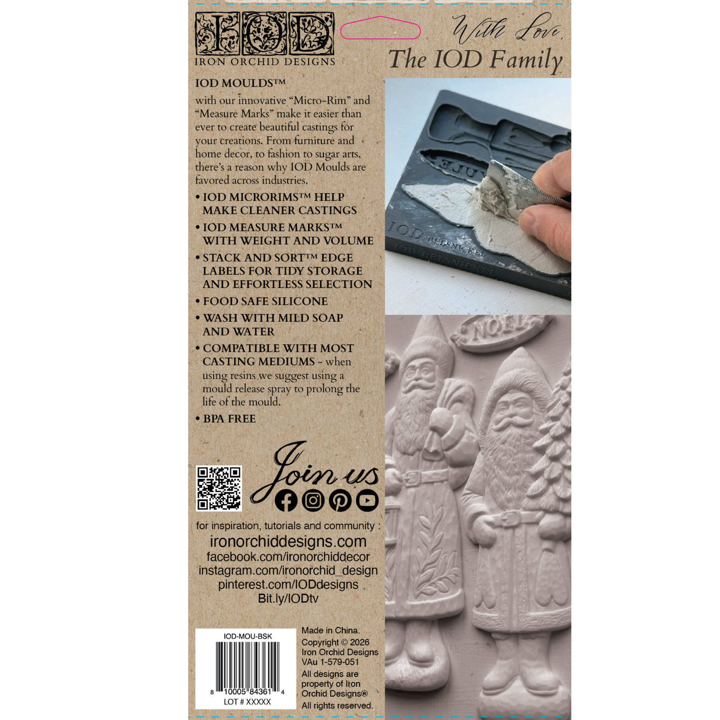 Back cover of IOD Mould Belsnickel featuring product description, barcode and instructions.