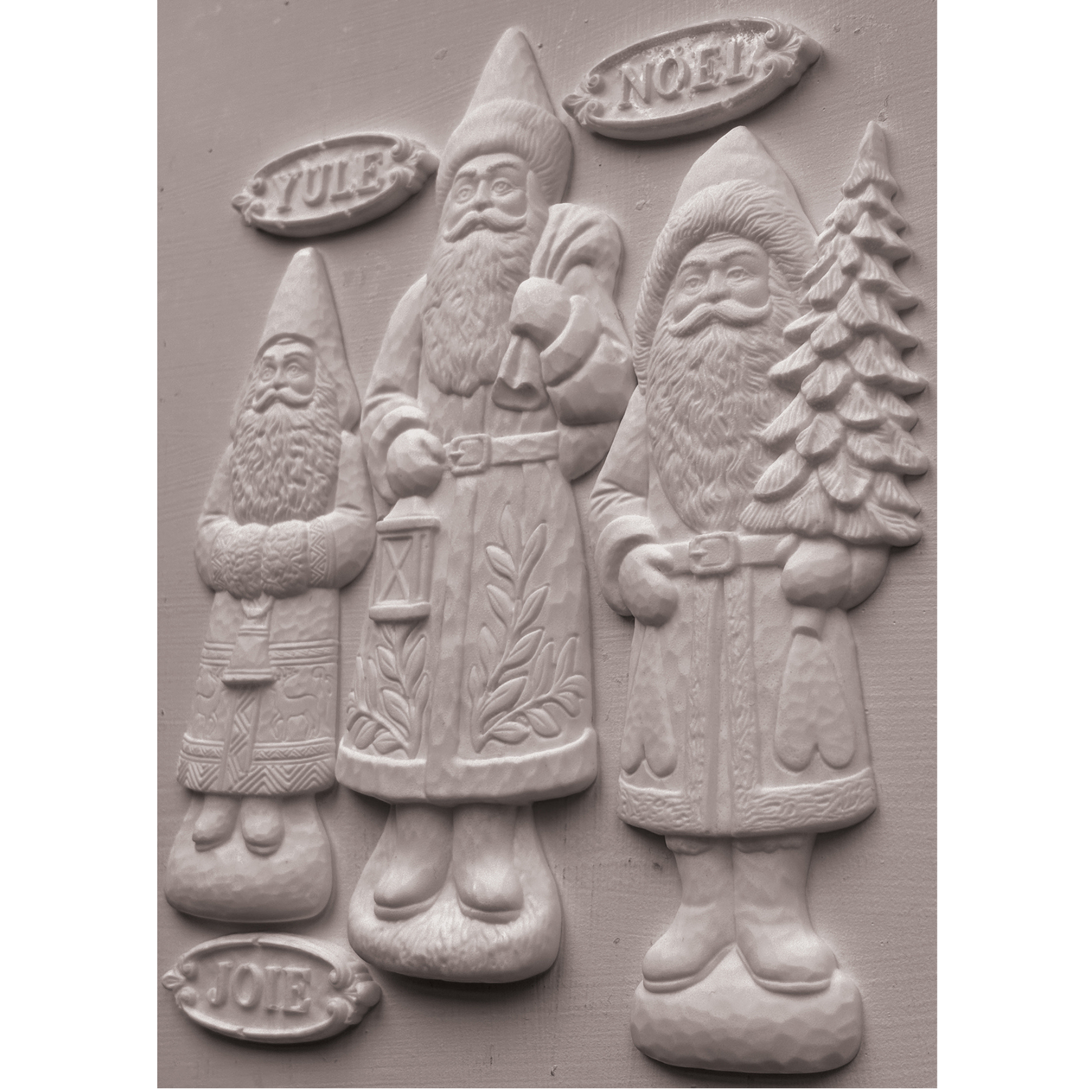Castings example of IOD Mould Belsnickel showing three figurines and small labels, Yule, Noel and Joie.