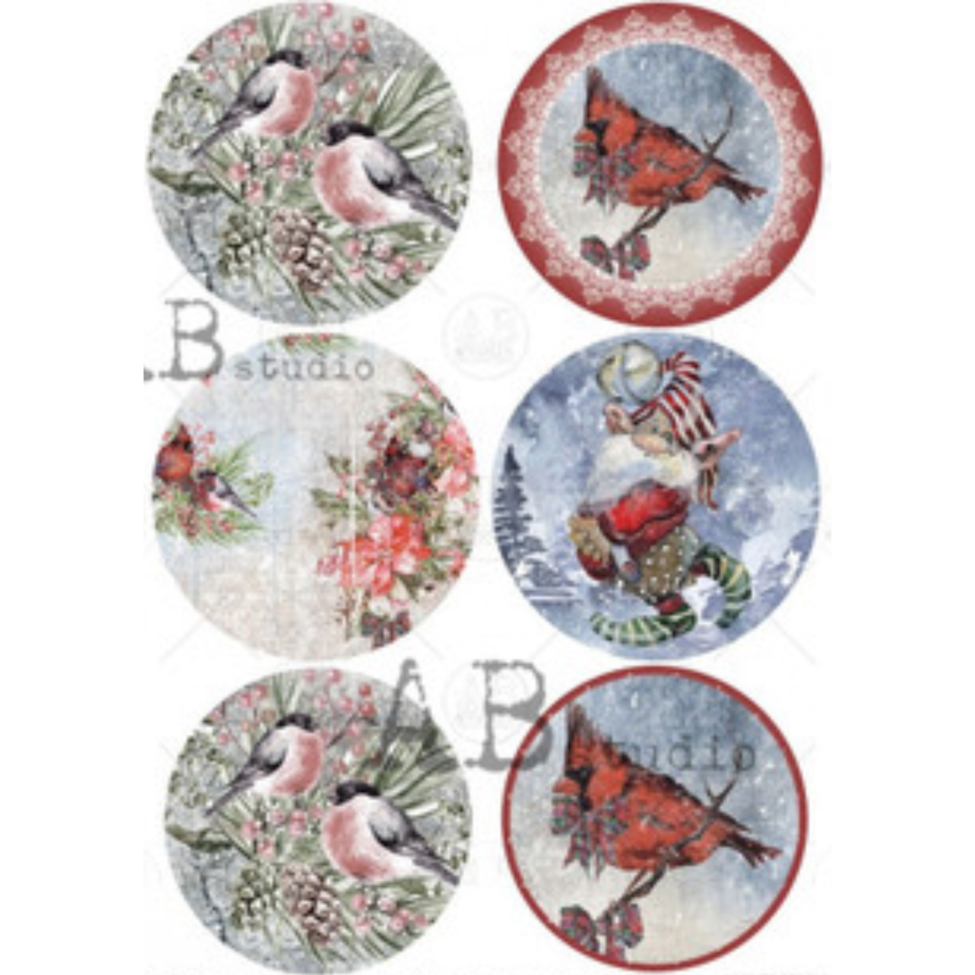 "Bird Ornament Rounds" decoupage rice paper by AB Studio. Size A4 available at Milton's Daughter.
