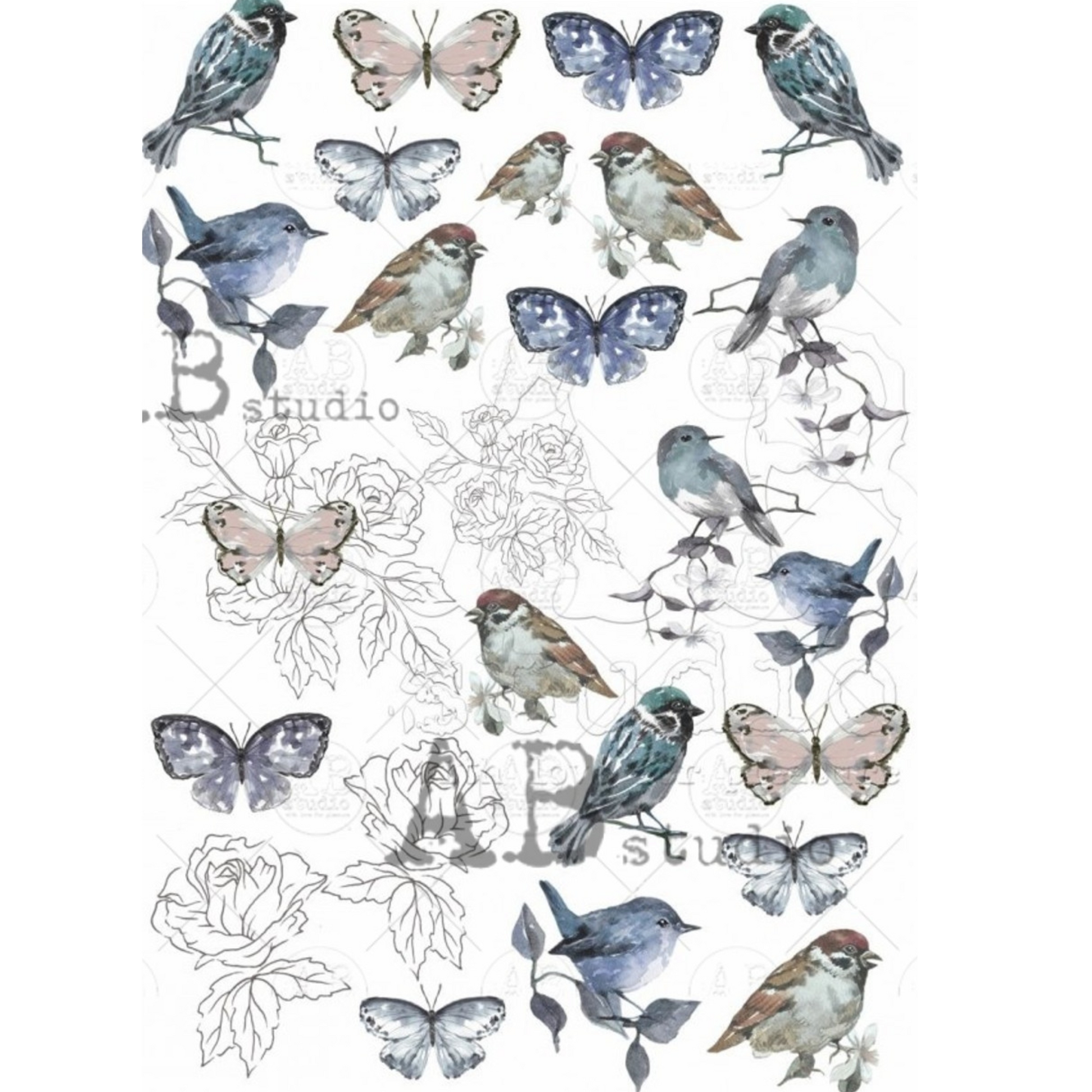 "Birds and Butterfly Spring" decoupage rice paper by AB Studio. Size A4 available at Milton's Daughter.