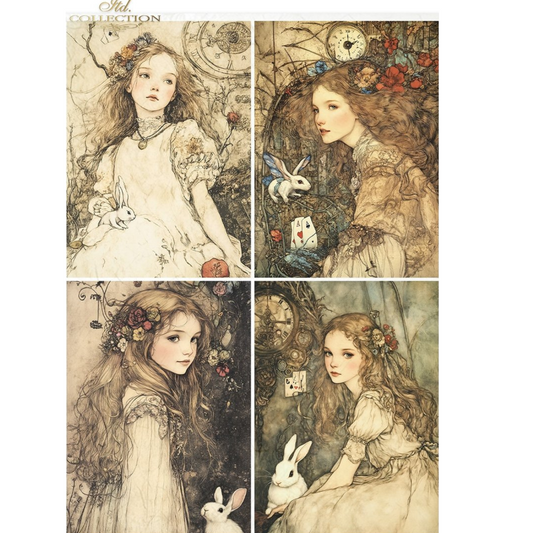 Set of four illustrated cards featuring a young girl with a rabbit and floral decorations.