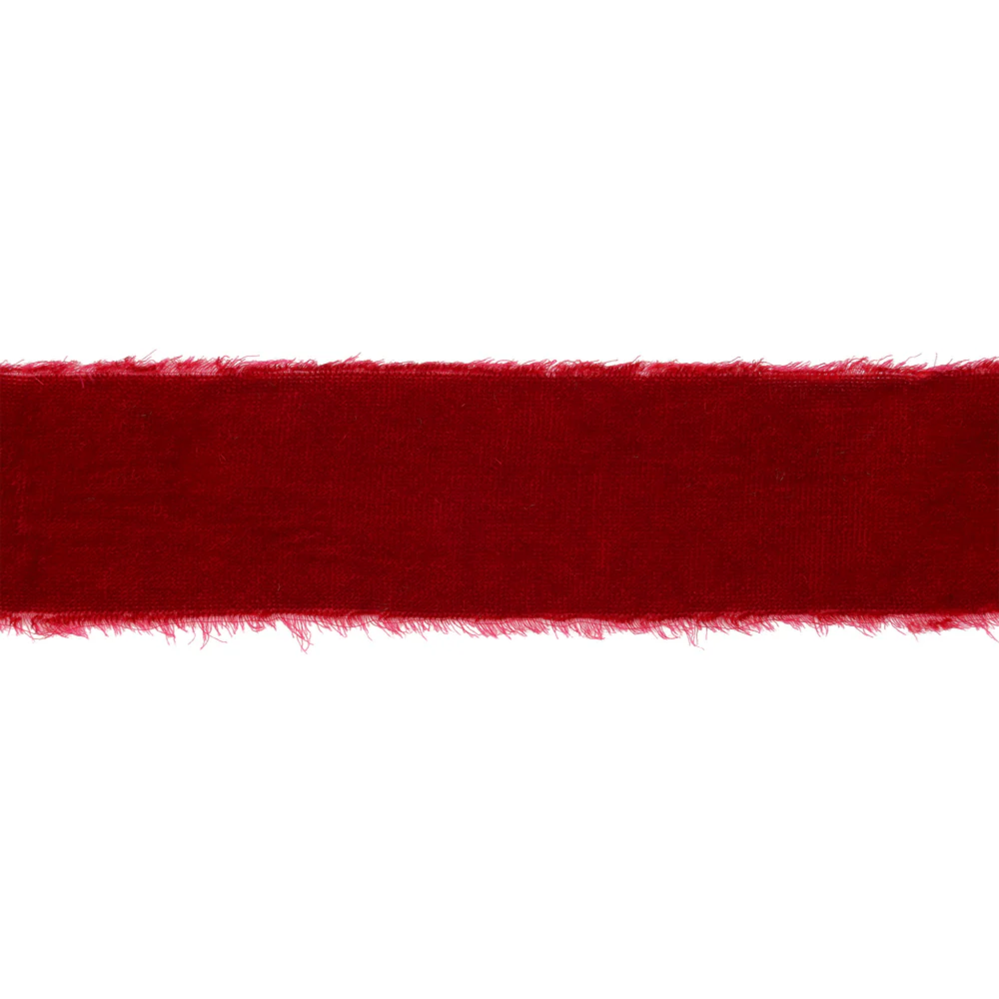 Red ribbon with frayed edges on a white background