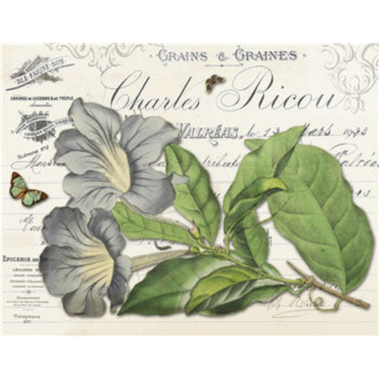 "Botanical 145" decoupage paper by Monahan Papers. Size 11" x 17" available at Milton's Daughter.