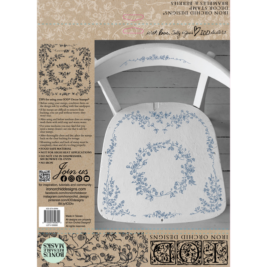 "Brambles & Berries" IOD Decor Stamp by Iron Orchid Designs. Available at Milton's Daughter. Single sheet clear stamp. Packaging/back cover photo.