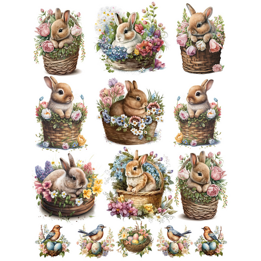 "Bunnies in Baskets-9  Scenes" decoupage rice paper by Calambour. Available at Milton's Daughter.