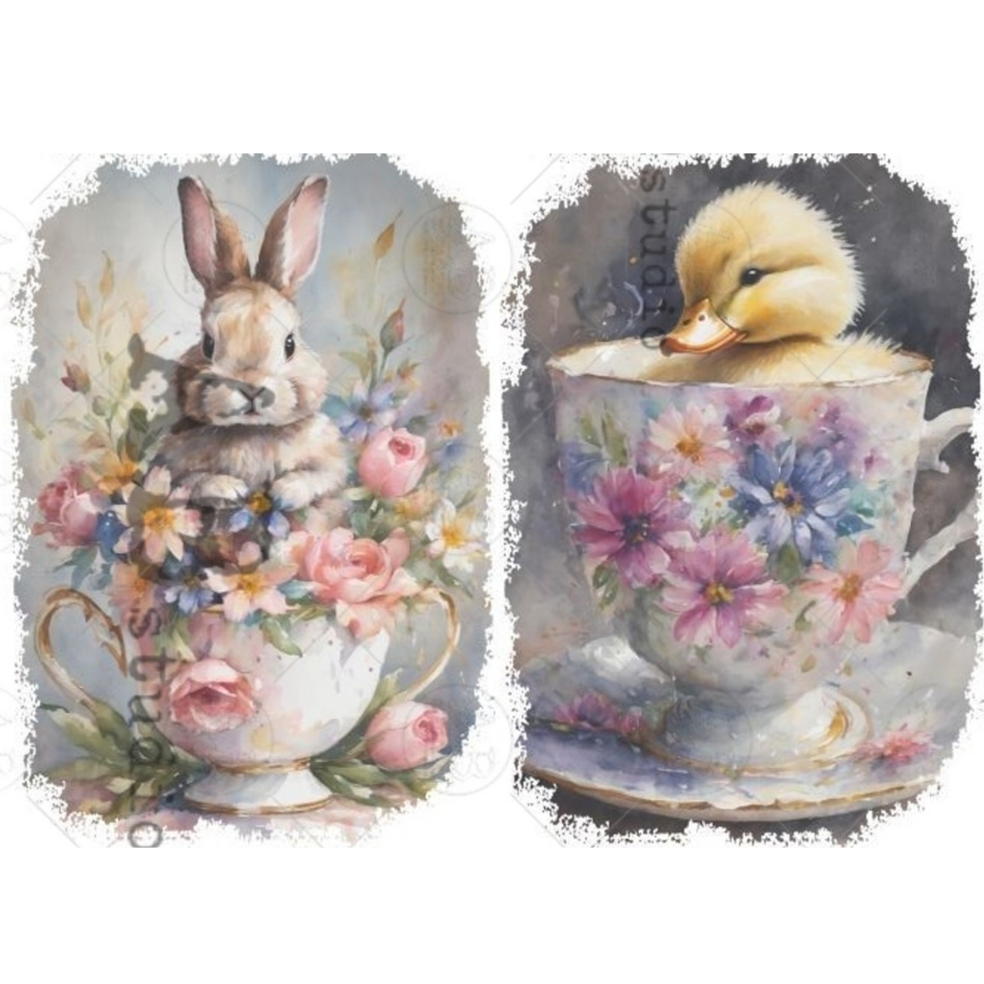 "Bunny & Chick Teacups Pair" decoupage rice paper by AB Studio. Available at Milton's Daughter.