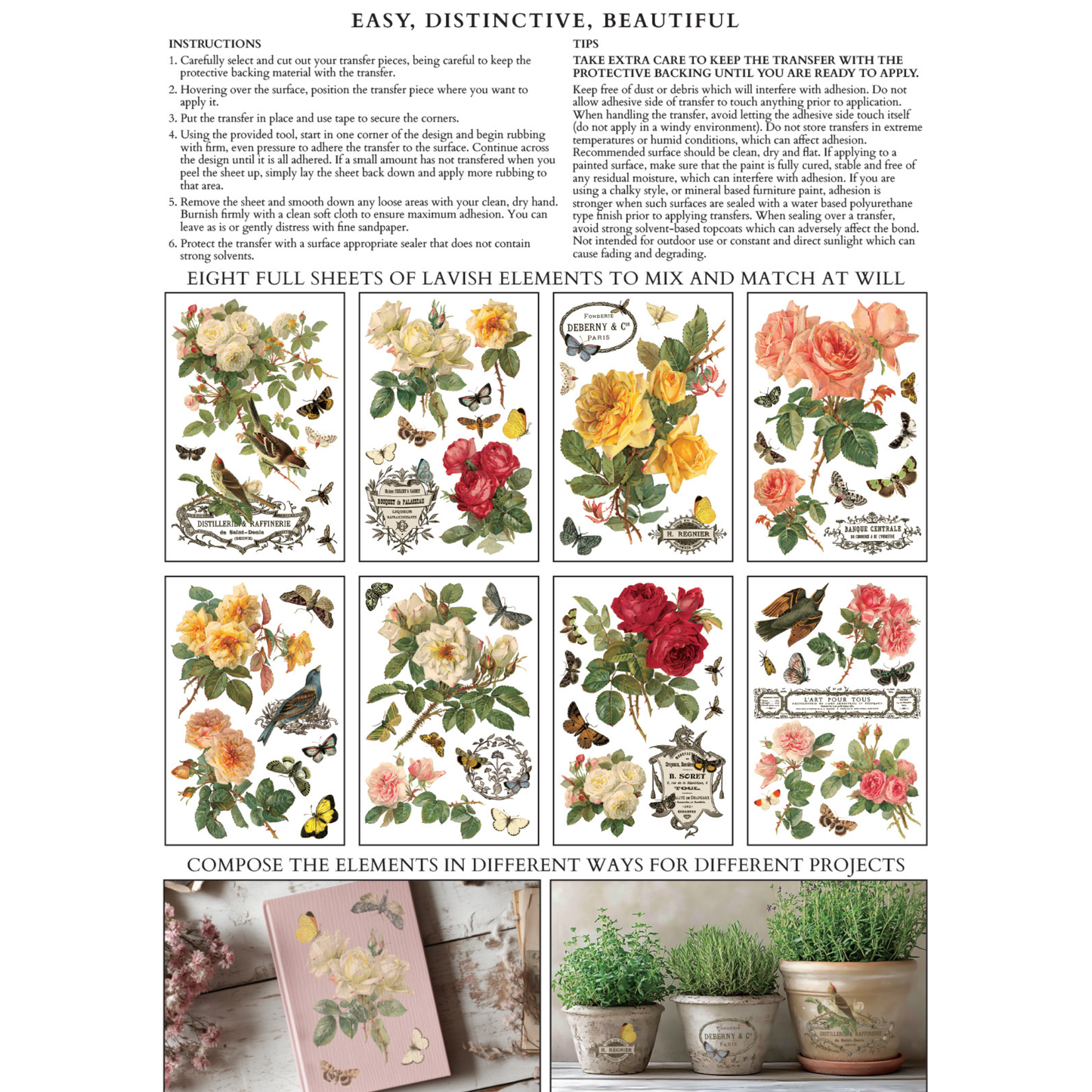 IOD Transfer By Any Other Name. Eight florals and nature themed images with instructions and examples on a white background.