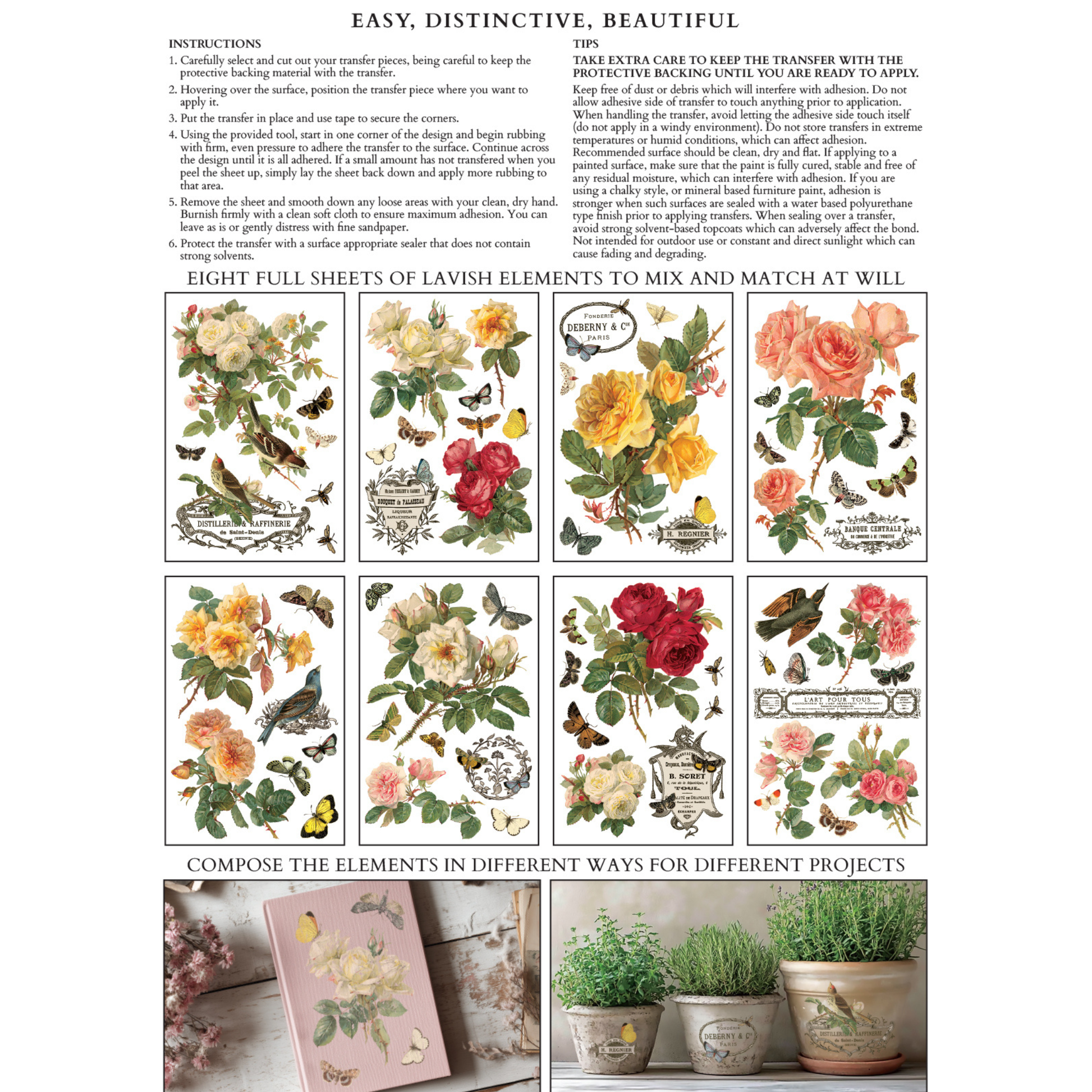 IOD Transfer By Any Other Name. Eight florals and nature themed images with instructions and examples on a white background.