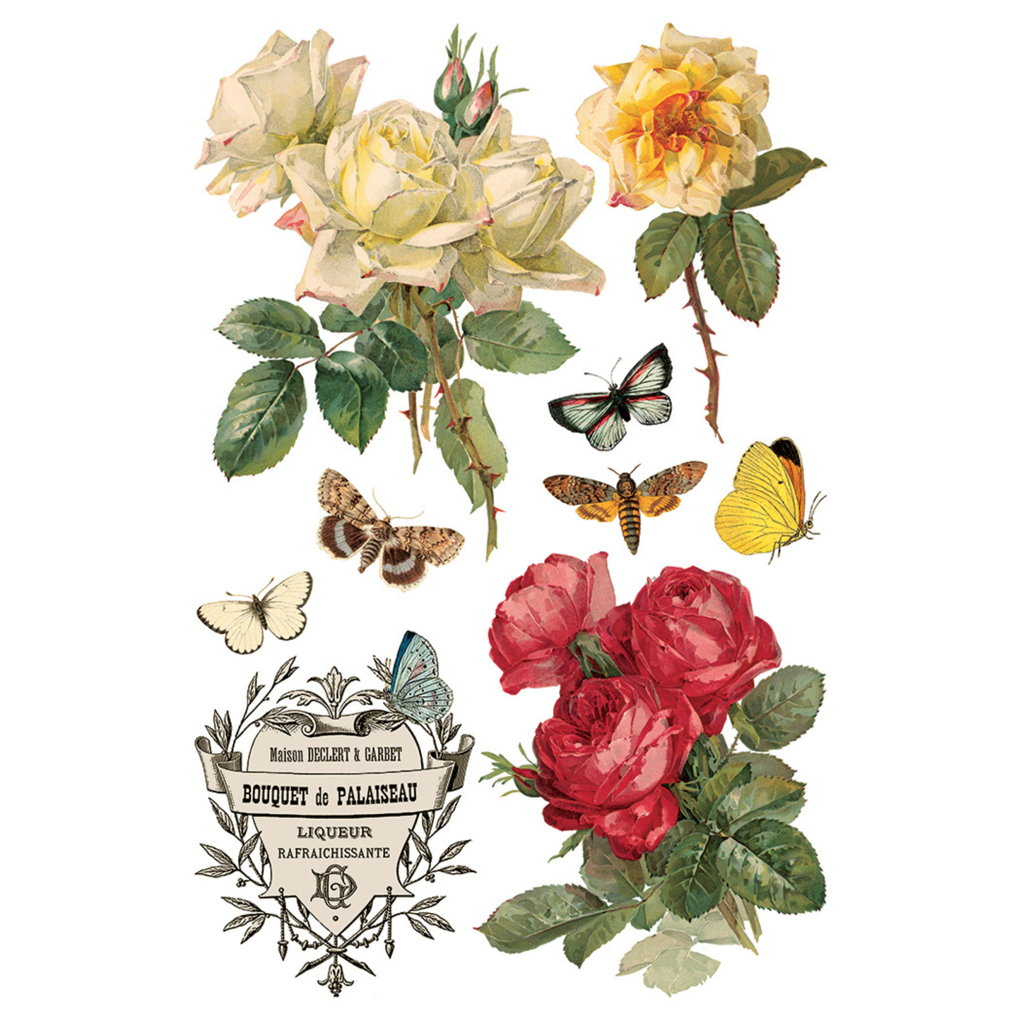 Vintage-style illustration of flowers and butterflies with a vintage style label.
