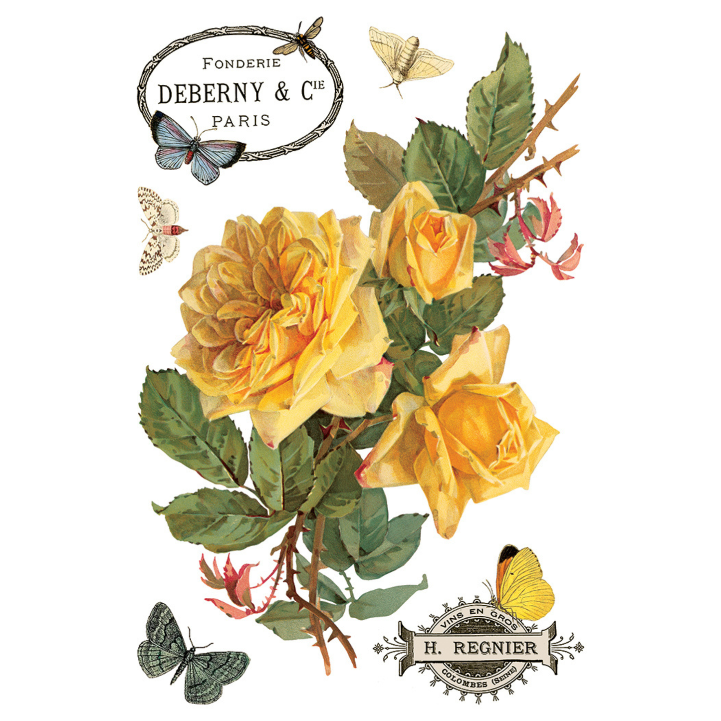 Vintage-style illustration of yellow roses and butterflies with 'Fonderie Deberny & Cie' and 'H. Regnier' vintage style labels.