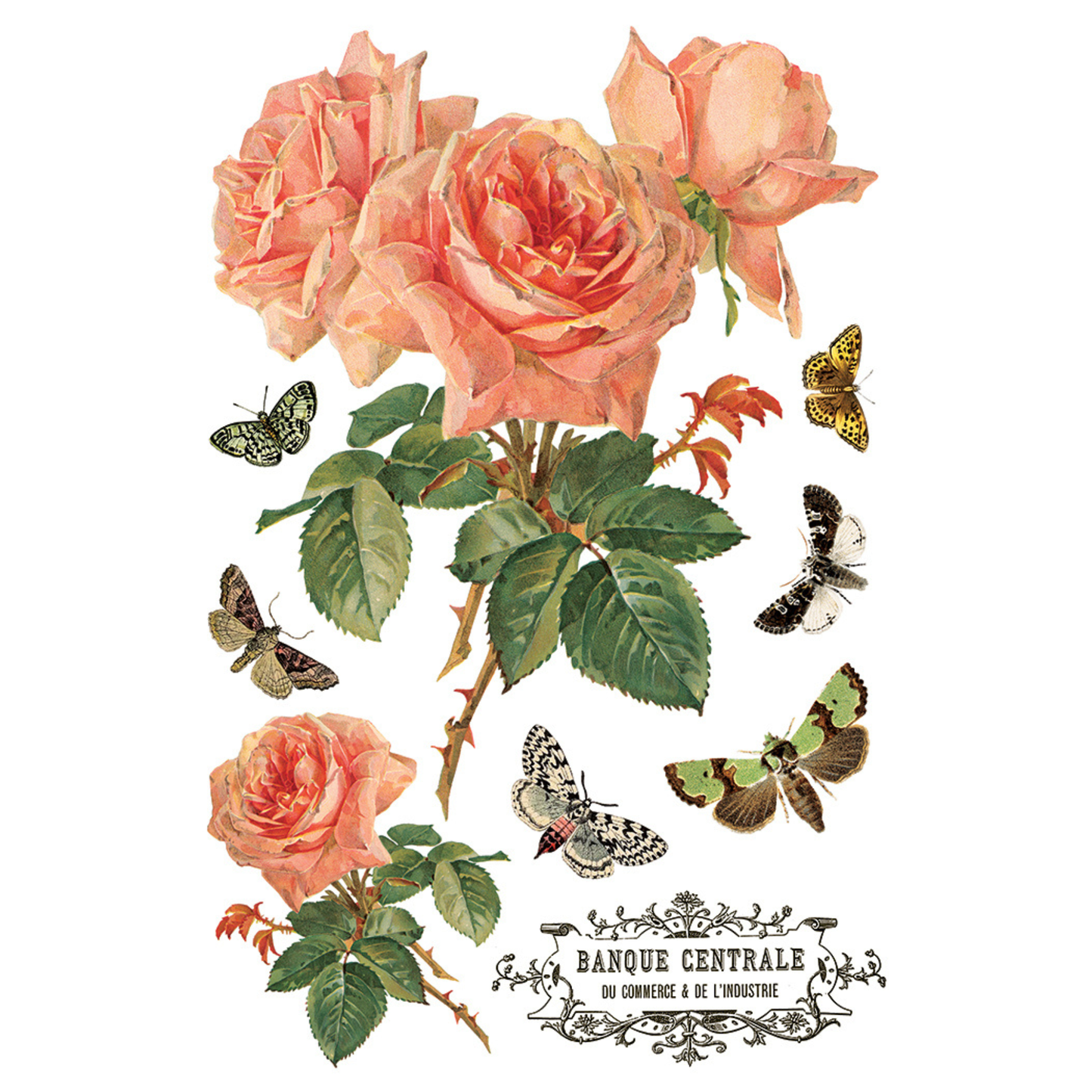Illustration of pink roses and butterflies on a white background with 'Banque Centrale du Commerce et de l'Industrie' vintage style label.