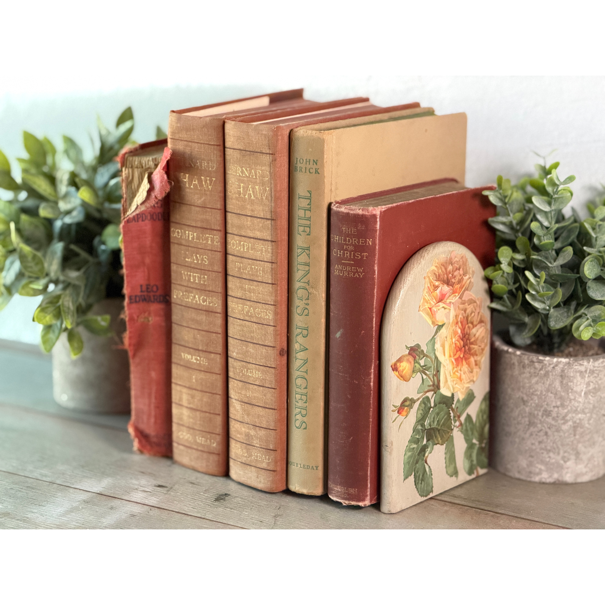 Set of vintage books with decorative cover on a wooden surface with plants.