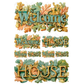 Decorative welcome and house labels with leaf designs on a white background.