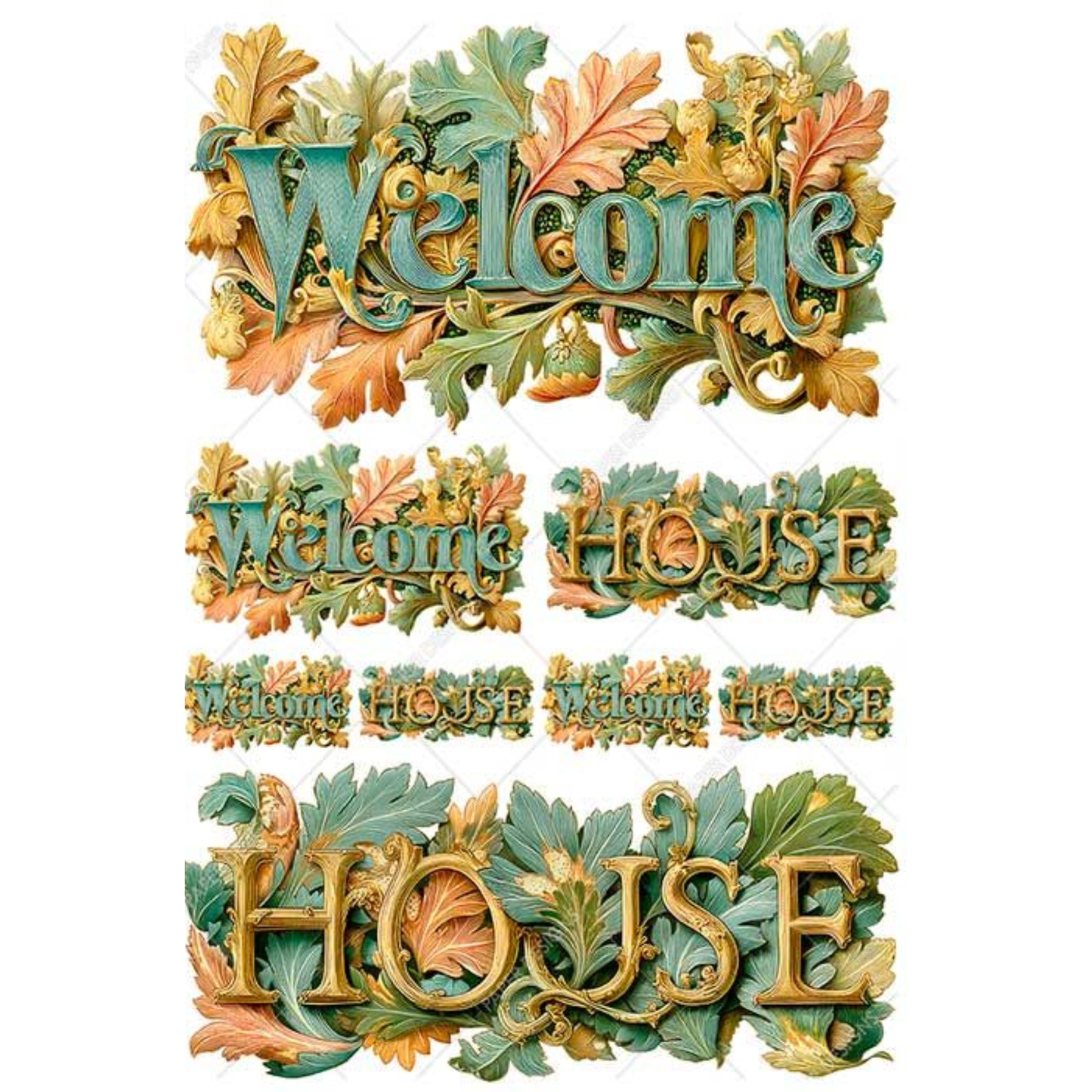 Decorative welcome and house labels with leaf designs on a white background.