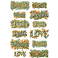 Decorative text labels with floral designs on a white background.