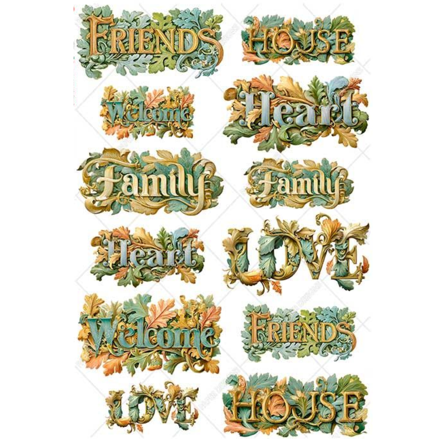 Decorative text labels with floral designs on a white background.