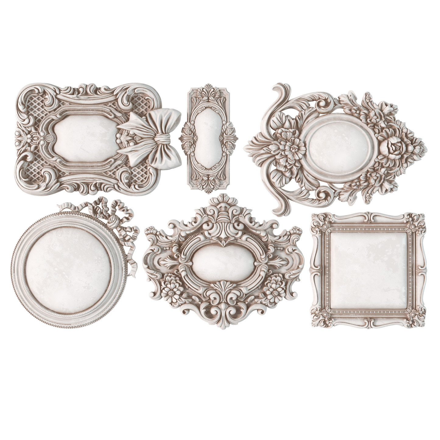 Set of decorative ornate frame castings on a white background