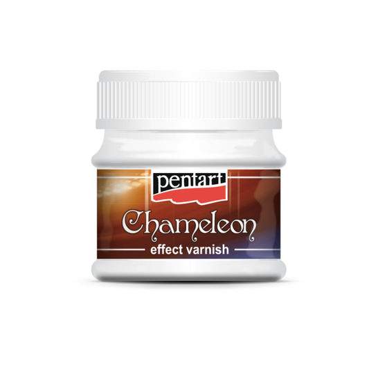 Jar of Pentart Chameleon effect varnish on a white background