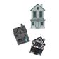 Three miniature decorative house figurines in different architectural styles, shown on a plain white background, taken from the Charlbury Lane and Old Colchester Road IOD Moulds.