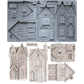 A set of miniature Victorian house moulds and roof designs shown both as the slilcone mould and as cast on a white background. The text 'Charlbury Lane' and '10D' are visible on the mould.