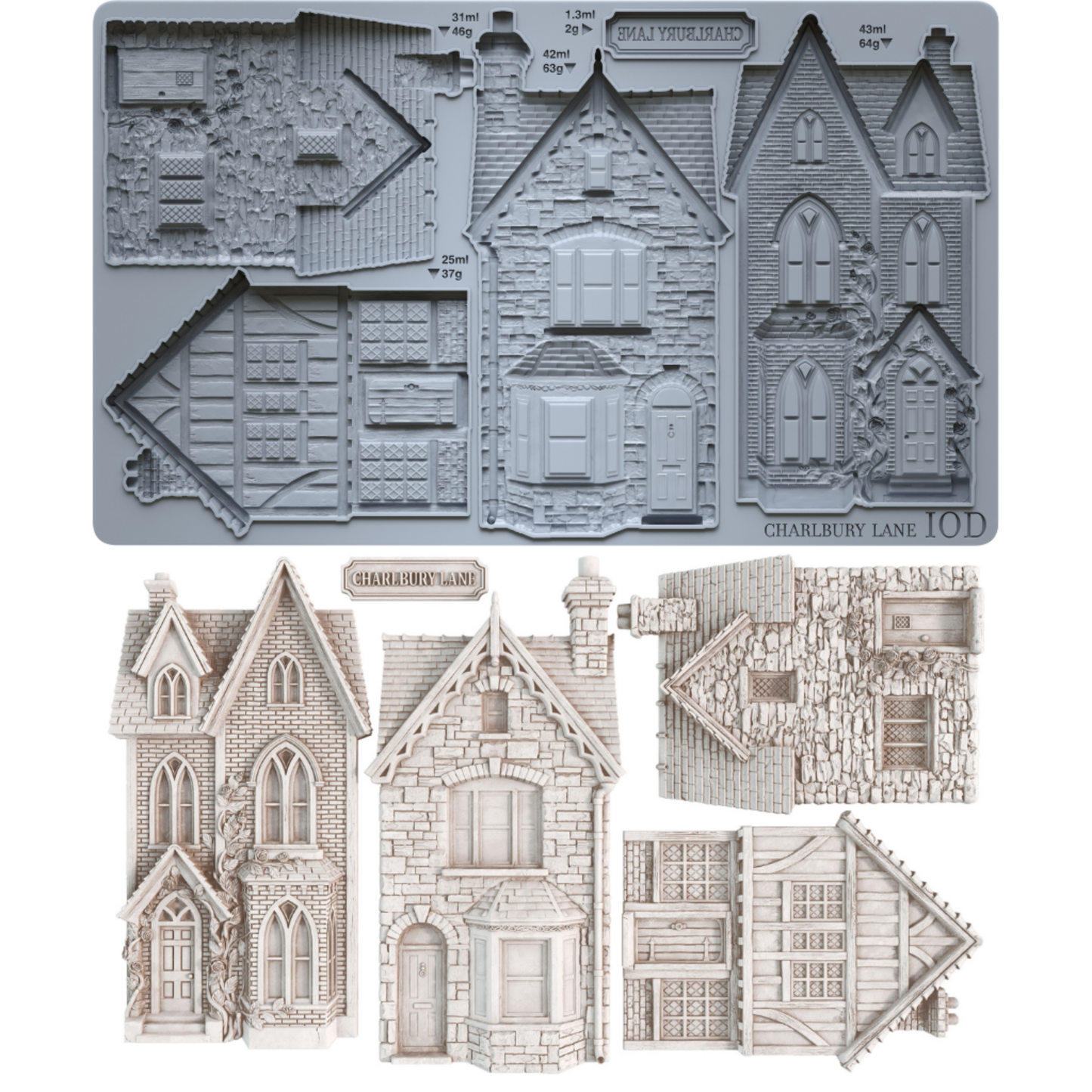 A set of miniature Victorian house moulds and roof designs shown both as the slilcone mould and as cast on a white background. The text 'Charlbury Lane' and '10D' are visible on the mould.