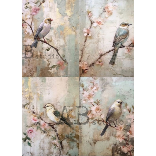 "Cherry Blossom Birds 4 Pack" decoupage rice paper by AB Studio. Available at Milton's Daughter.