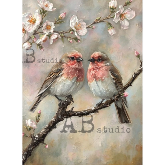 "Cherry Blossom BIrds" decoupage rice paper. Available at Milton's Daughter.