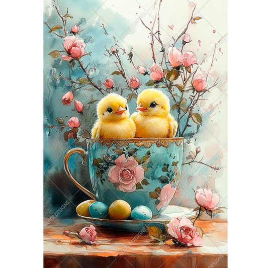 "Chicks in a Blue Teacup" decoupage rice paper by Paper Designs. Available at Milton's Daughter.