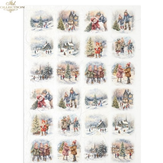"Children in the Snow Minis" decoupage rice paper by ITD Collection. Available at Milton's Daughter. 24 thumbnail mini images of Christmas-themed stickers with snowy village scenes and children playing.