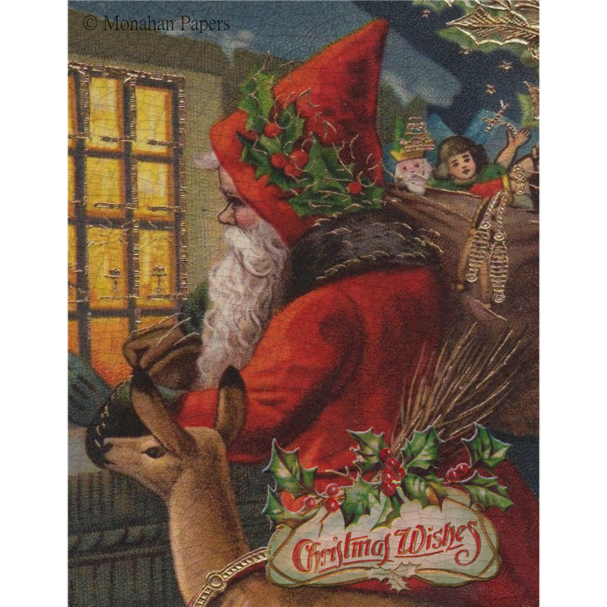 Vintage Christmas illustration showing Santa Claus in a red coat and hat with holly garlands, carrying a sack while a deer walks beside him. A window glows yellow on the left, and children are visible in the background.